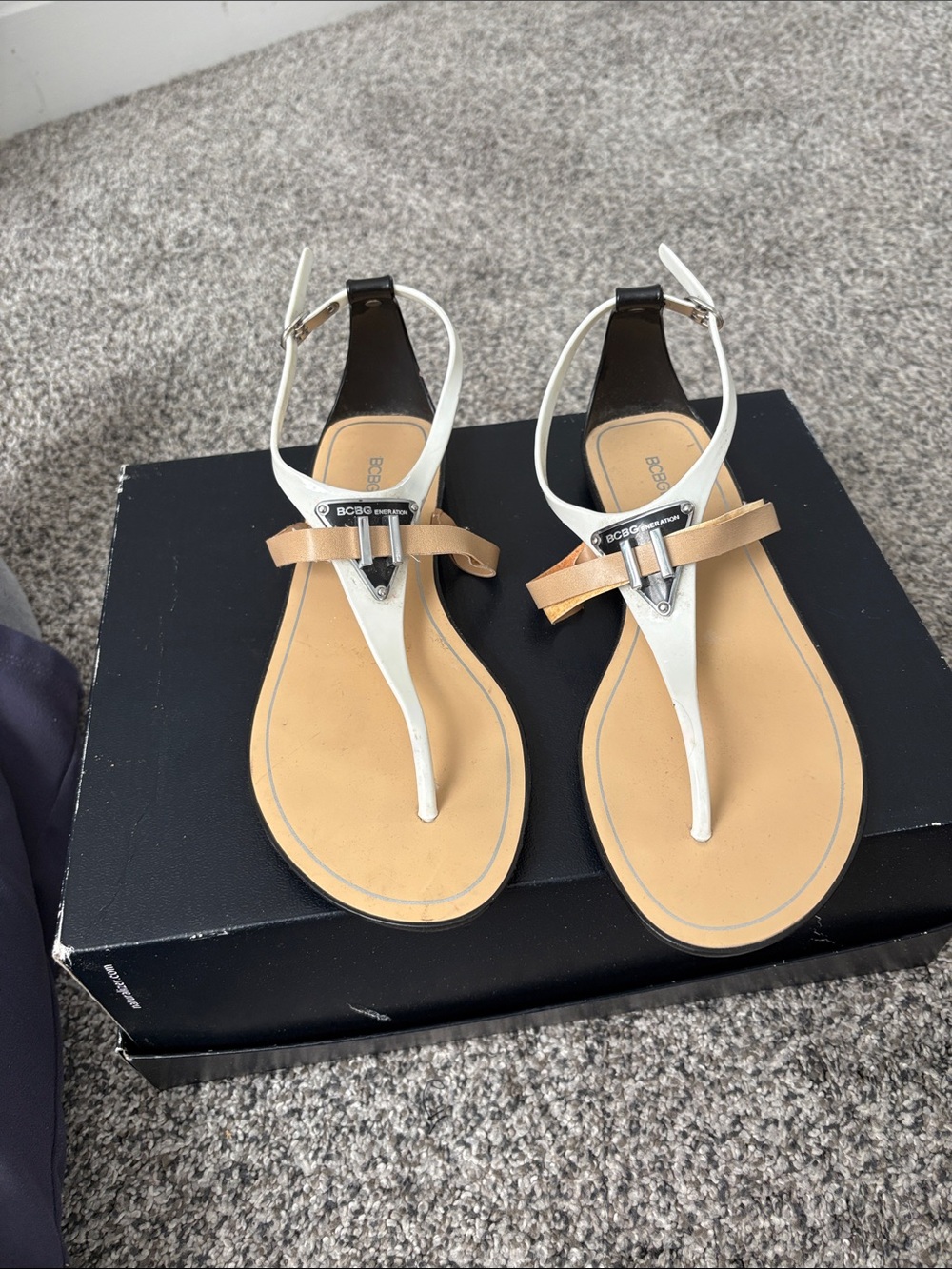 BCBG White and Tan Bow T-Strap Sandals